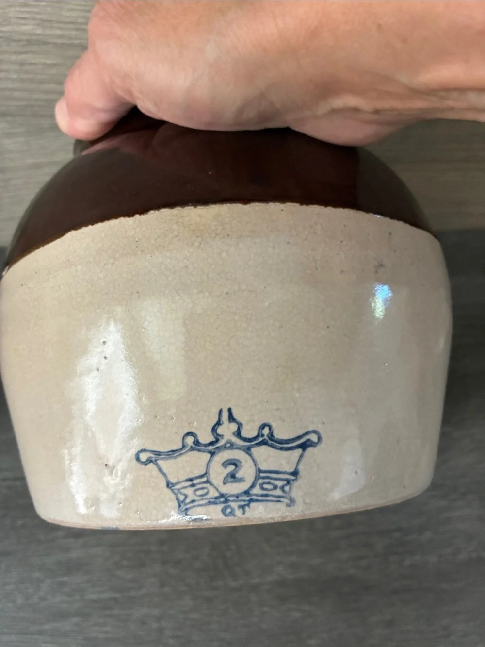 Robinson Ransbottom 2 Quart Bean Pot Crock Stoneware Blue Crown NO LID Vintage